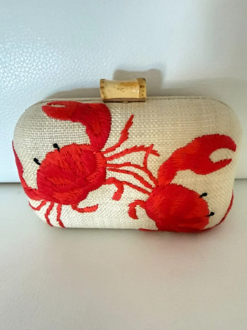 NWT TOMMY BAHAMA CRAB EMBROIDERED STRAW BOX CLUTCH BAG W GOLD TONE CHAIN STRAP